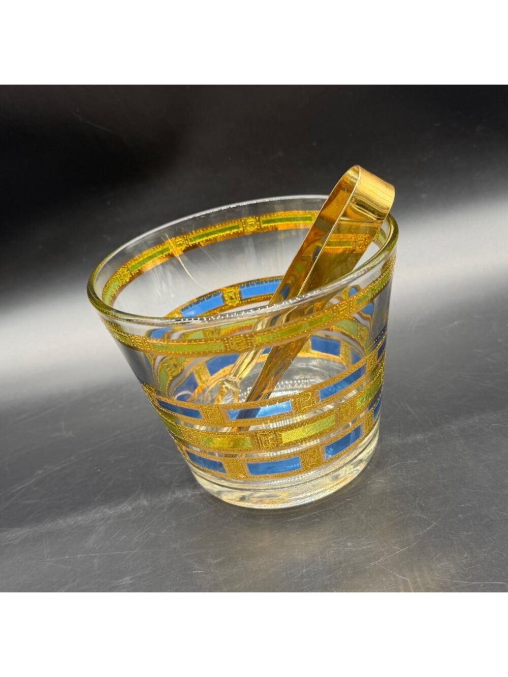 Culver Empress Glass Ice Bucket Gold Blue Geometric Mid Century Modern 1960s USA